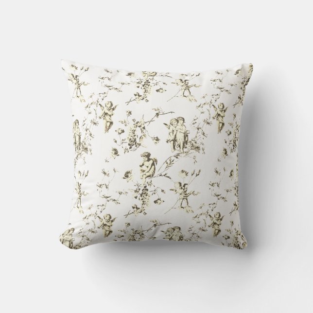 Cojín Decorativo Ángeles Cupido Elegantes Beige Blanco Toile Floral (Anverso)