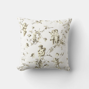 Cojín Decorativo Ángeles Cupido Elegantes Toile Floral Beige Blanco