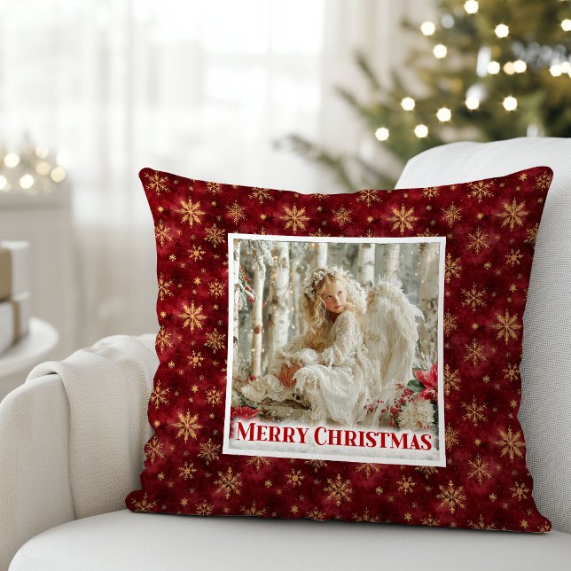 Cojín Decorativo Angelic Angel Poinsettia Red Gold Festive Christma (Angelic Angel Poinsettia Red Gold Festive Christmas Pillow)