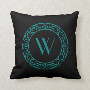 Cojín Decorativo Anillo de nudo celta negro y turquesa con monogram