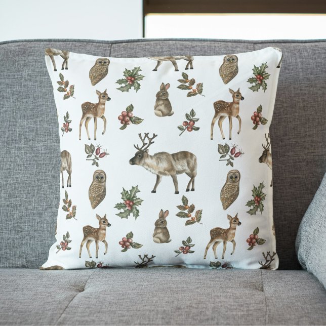 Cojín Decorativo Animales de Bosque Caprichoso Patrón de Vegetación (Whimsical Woodland Forest Animals Greenery Pattern Pillow)