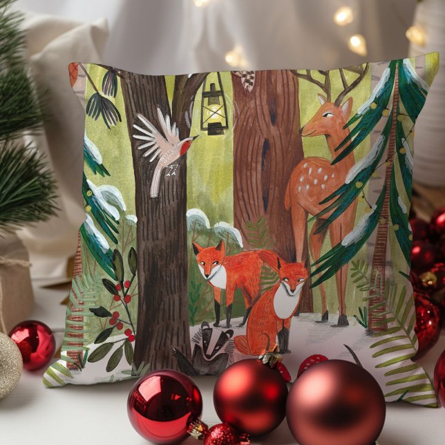 Cojín Decorativo Animales de la Tierra de Obras Diversas Navidades  (Cute Woodland animals Green Christmas Throw Pillow)