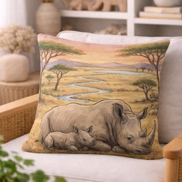 Cojín Decorativo Animales de safari, mamá rinoceronte y cría