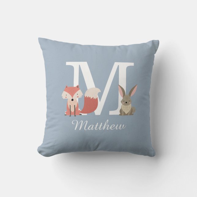 Cojín Decorativo Animales Dusty Blue Woodland Monograma inicial (Anverso)