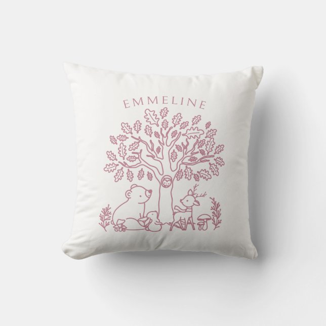 Cojín Decorativo Animales Y Árboles De Bosque Rosa (Anverso)