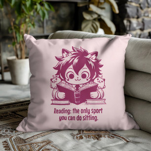 Cojín Decorativo Anime Catboy leyendo un libro y curiosa cita de li