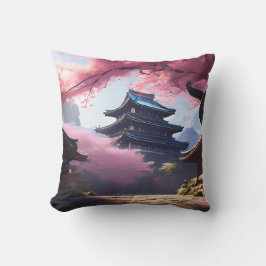 Cojín Decorativo Anime Cherry Blossom y Tranquilo Paisaje Pagoda
