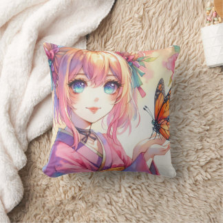 Cojín Decorativo Anime Chica sostiene una mariposa personalizada