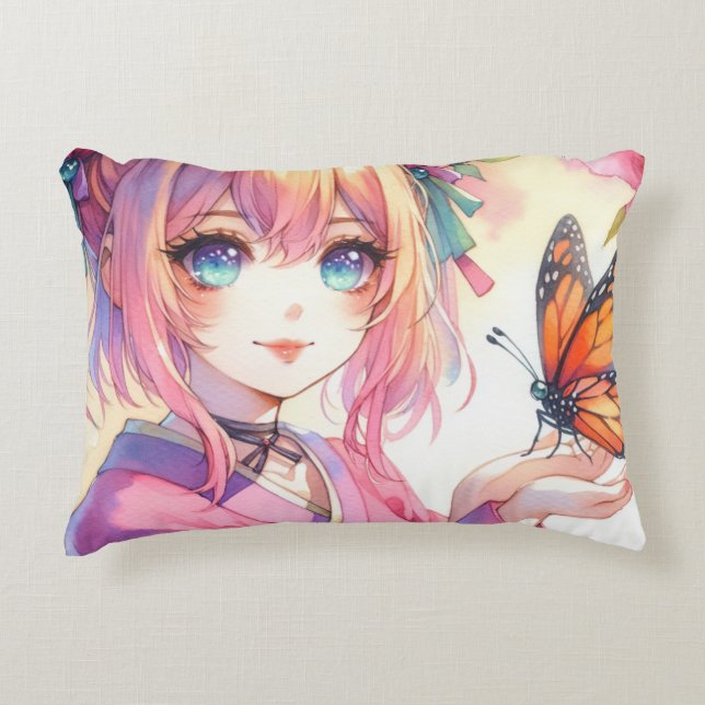 Cojín Decorativo Anime Chica sostiene una mariposa personalizada (Anverso)