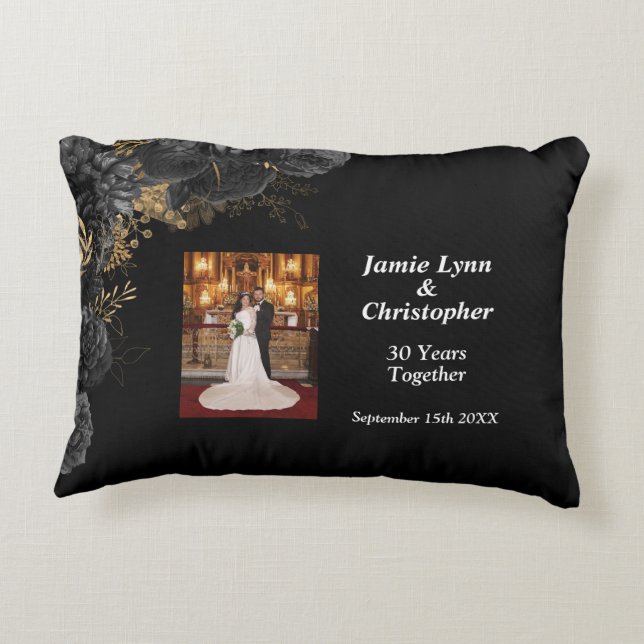 Cojín Decorativo Aniversario de Boda Floral Negro (Reverso)