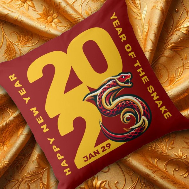 Cojín Decorativo Año Rojo de Oro de la Serpiente 2025 (CNY 2025 Throw Pillow Golden Fabric Cover Photo)
