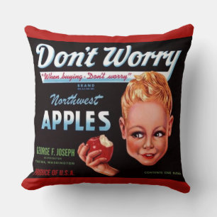 Cojín Decorativo Años 1930 No te preocupes marca manzanas etiqueta