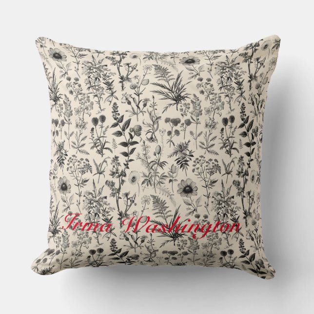 Cojín Decorativo Antiguo blanco negro botánico 3 (Anverso)