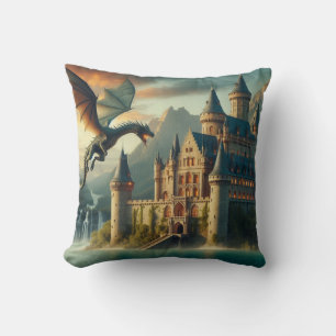 Cojín Decorativo Antiguo castillo bajo ataque de un dragón volador