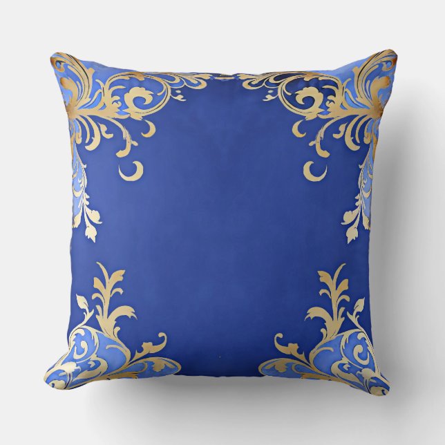 Cojín Decorativo Antiguo Champagne Gold Filigree Royal Blue (Anverso)