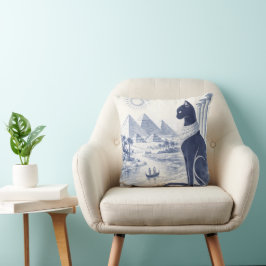 Cojín Decorativo Antiguo gato egipcio Bastet y pirámides azul