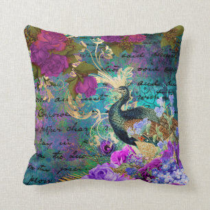Cojín Decorativo Antiguo Grunge Ilustrado de Pavo Real y Flores