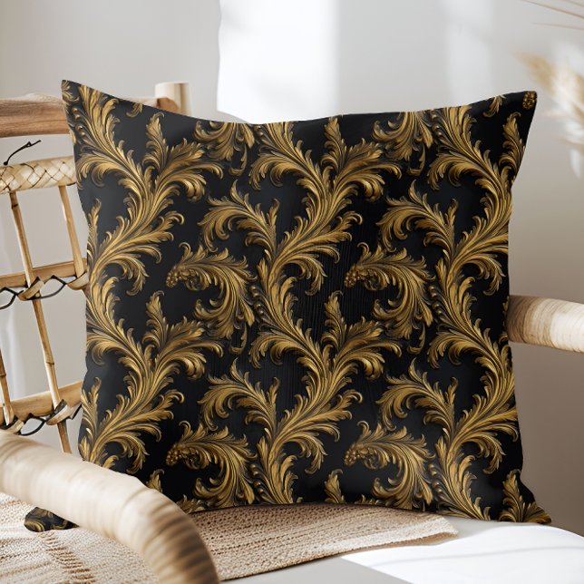 Cojín Decorativo Antiguo Rococo Negro Oro Barroco (Antique Rococo Black Gold Baroque Throw Pillow)