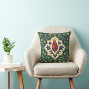 Cojín Decorativo Antiguo Teal & Oro Arte de Tulipán Otomano