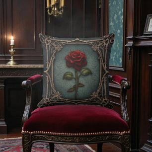 Cojín Decorativo Antiguo victoriano negro con rosa roja