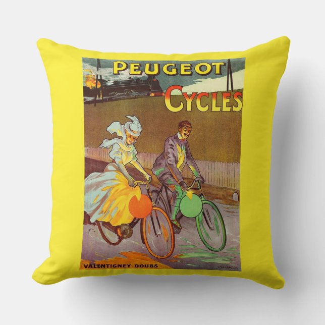 Cojín Decorativo anuncio de bicicletas Peugeot de 1900 (Anverso)
