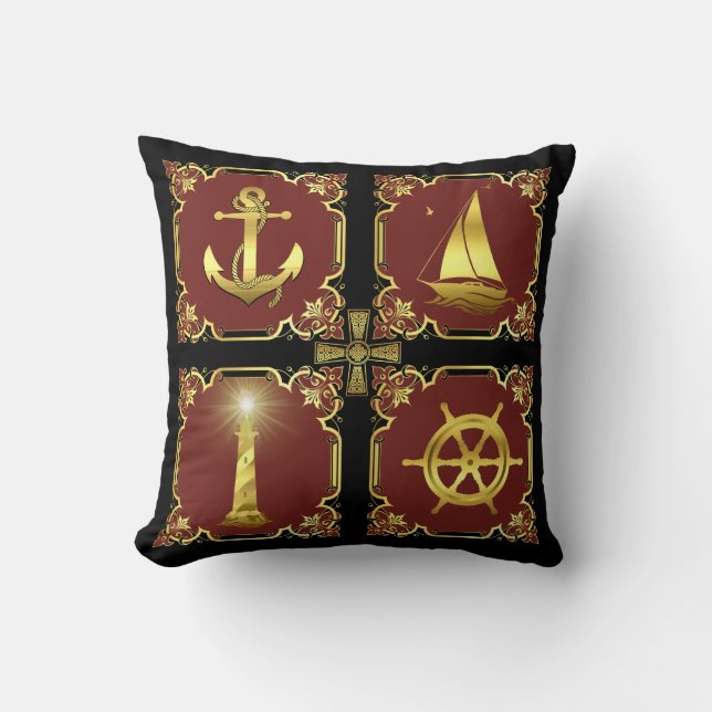 Cojín Decorativo Anuncio/velero/rueda/faro de oro/rojo (Anverso)