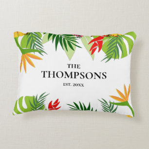 Cojín Decorativo Apellido Personalizado de hojas y flores tropicale
