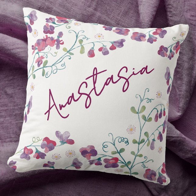 Cojín Decorativo April Birth Month Sweet Pea Daisy Personalized (April birthday birth month flower personalized custom name watercolor sweet pea daisy throw pillow)
