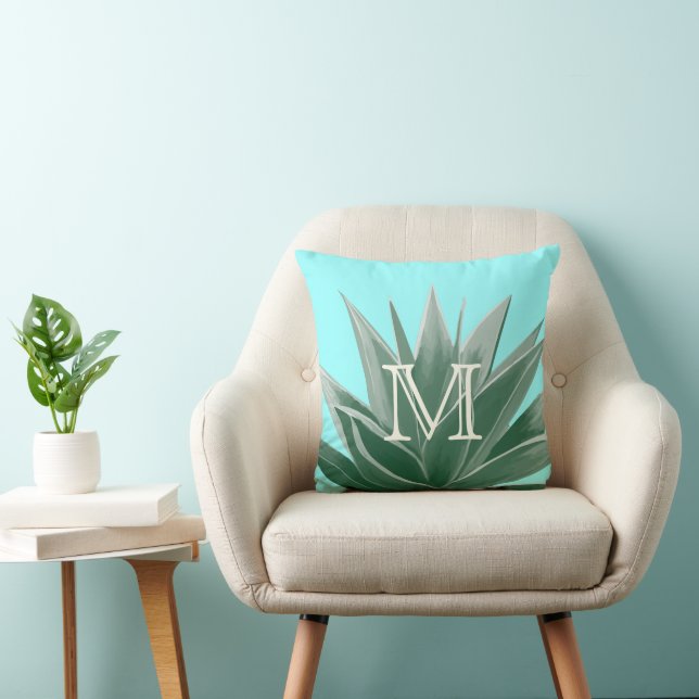 Cojín Decorativo Aqua Aloe Succulent Ivory Monograma Moderno Pillow (Silla)
