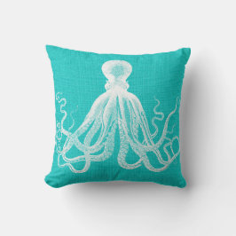 Cojín Decorativo Aqua con aspecto de burlap de octopus blanco