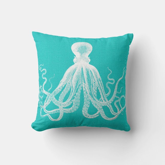 Cojín Decorativo Aqua con aspecto de burlap de octopus blanco (Anverso)