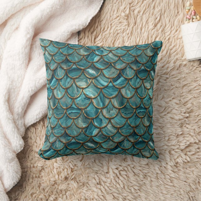 Cojín Decorativo Aqua Pearlescent & Gold Mermaid Scale Pattern  (Manta)