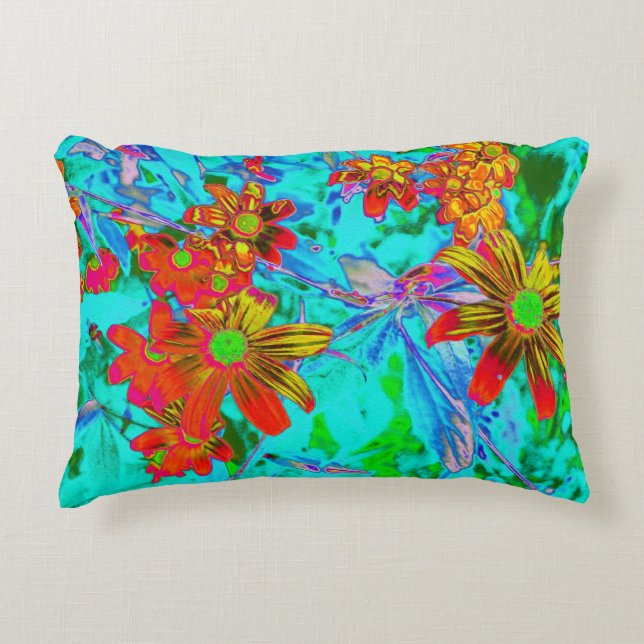 Cojín Decorativo Aqua Tropical con flores amarillas y Naranjas (Anverso)