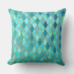 Cojín Decorativo Aqua Verde azulada Mint Gold Patrón oriental de mo