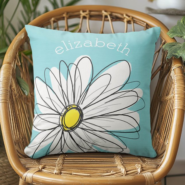 Cojín Decorativo Aqua y Yellow Whimsical Daisy Personalizado Textos (Daisy Pillow)