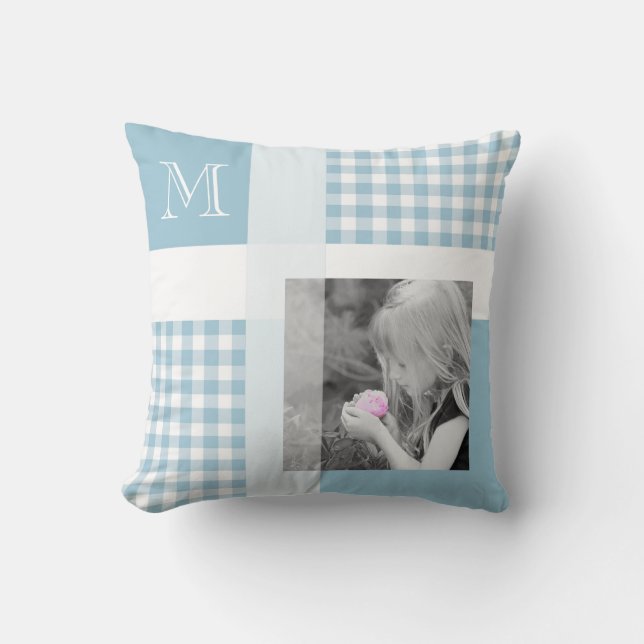 Cojín Decorativo Aquamarine Añade Tu Foto Gingham Monograma Moderno (Anverso)