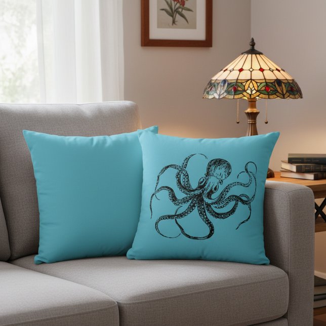 Cojín Decorativo Aquamarine Blue Octopus Throw Pillow (Octopus throw pillow. Add a splash of color and nautical feel to your home.)