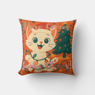 Cojín Decorativo ¡Aquí viene Santa Claws! Gato de Santa divertido