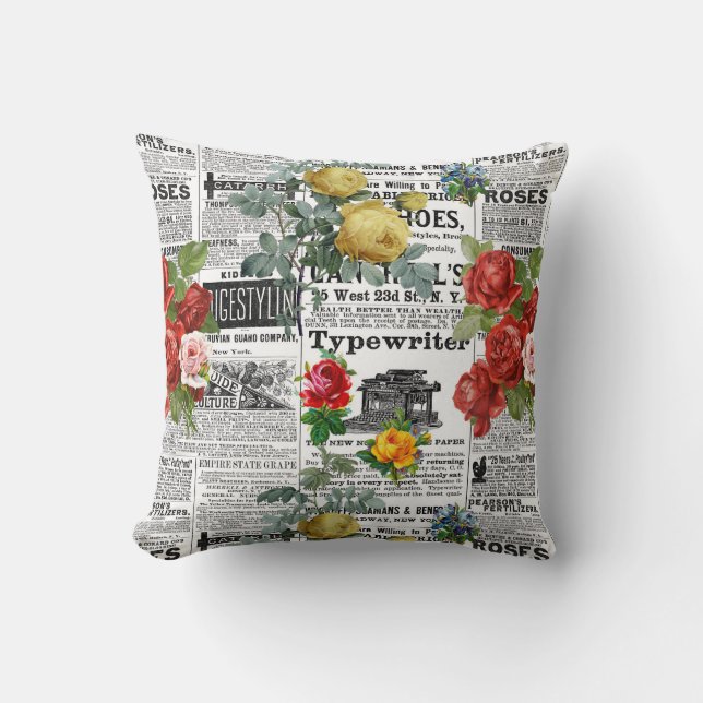 Cojín Decorativo * AR23 Rosas Floral Flor Vibrage Newsprint (Anverso)