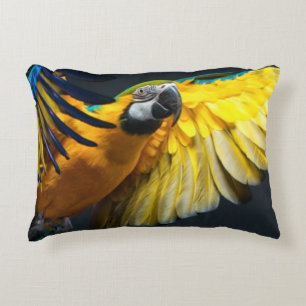 Cojín Decorativo Ara colorido del vuelo en un fondo oscuro