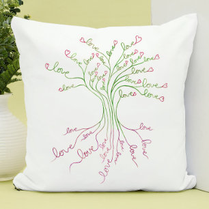 Cojín Decorativo Árbol de Amor de la Vida Arte Blanco Verde Rosado 