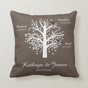 Cojín Decorativo Árbol de familia, árbol blanco en de color topo