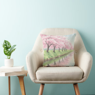 Cojín Decorativo Árbol de flor de cerezo en acuarela rosa pastel es