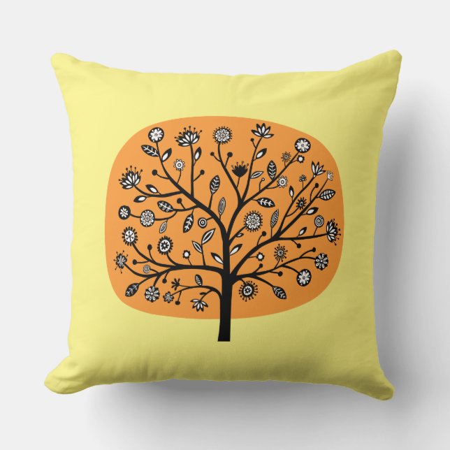 Cojín Decorativo Árbol de flores estilizado - Naranja Lt y amarillo (Anverso)