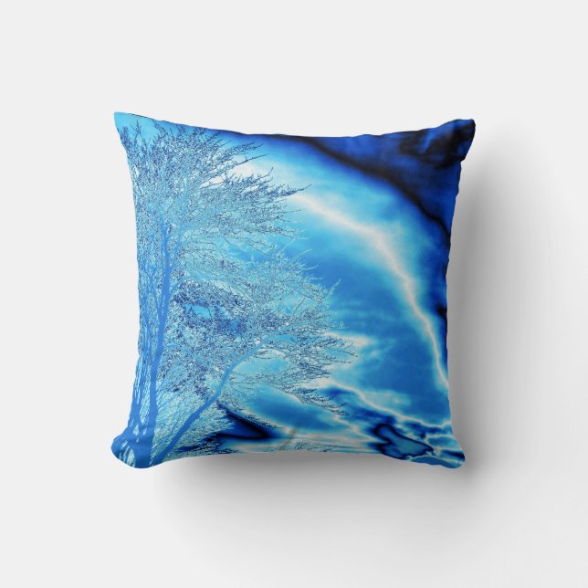 Cojín Decorativo Árbol de invierno helado en cielo azul cobalto (Anverso)
