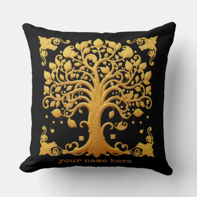 Cojín Decorativo Árbol de la Vida Dorado de Lujo (Anverso)