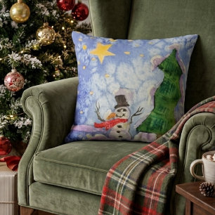 Cojín Decorativo Árbol de Navidad Alegre y Muñeco de Nieve Helado A