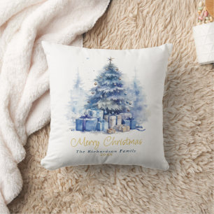 Cojín Decorativo Árbol de Navidad azul elegante caprichoso acuarela