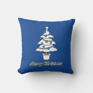 Cojín Decorativo Árbol de Navidad Blanco Adornos Azules - Feliz Nav
