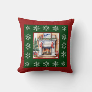 Cojín Decorativo Árbol de Navidad con chimenea de acuarela único y